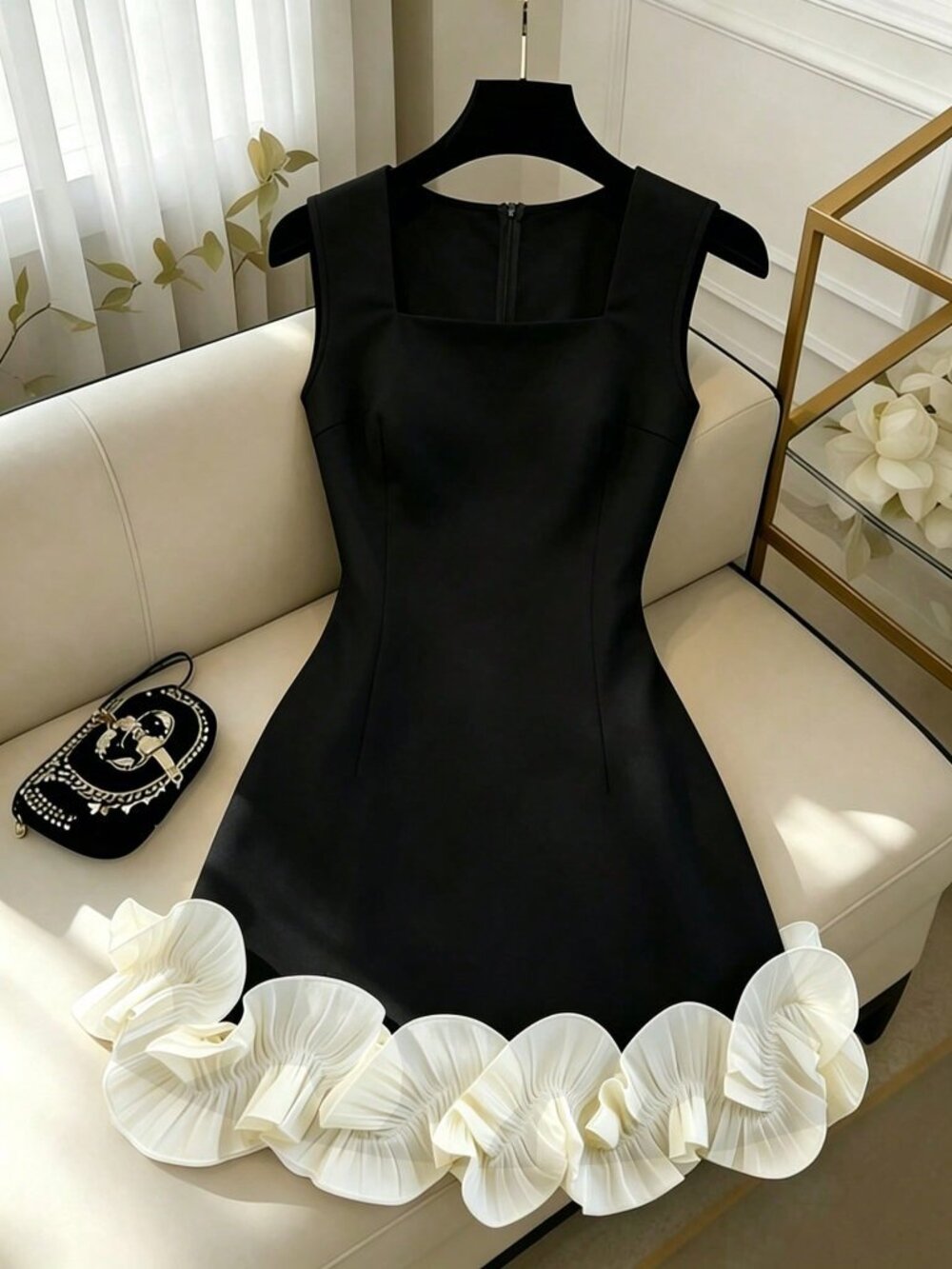 Black Elegant Women's Colorblock Ruffle Sleeveless Dress - Picture 4 of 5
